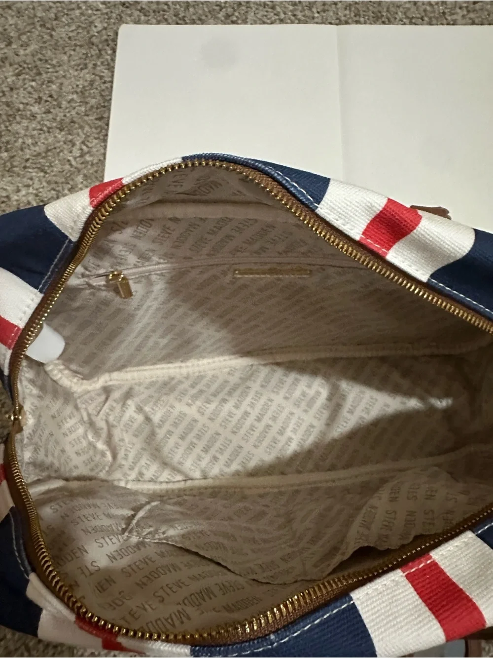 Steve Madden Navy, White & Red Striped Satchel with Tan Handles